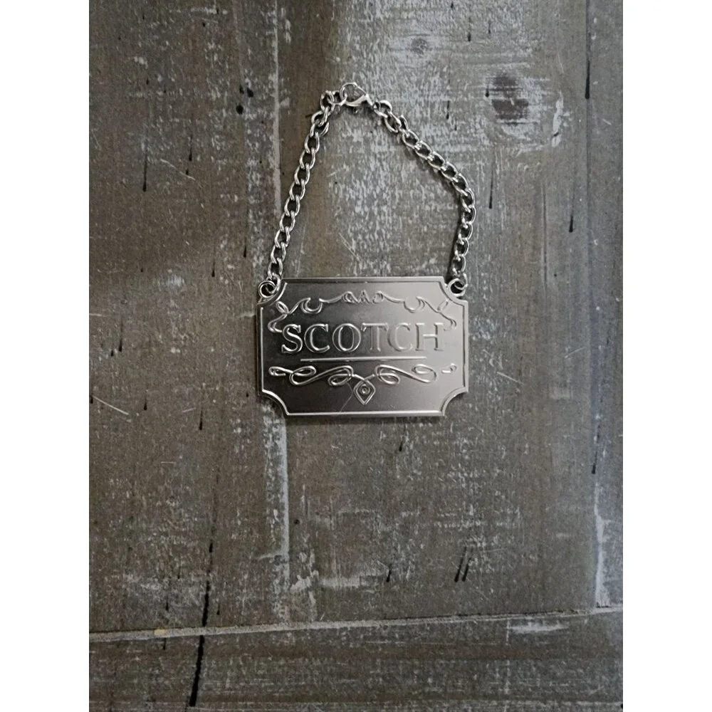 Scotch Silver Toned Liquor Decanter Label Tag For‎ Scotch With Ornate Chain